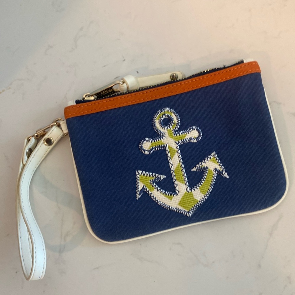 Spartina 449 Anchor Nautical Blue Orange lime Off White Top Zip Wristlet